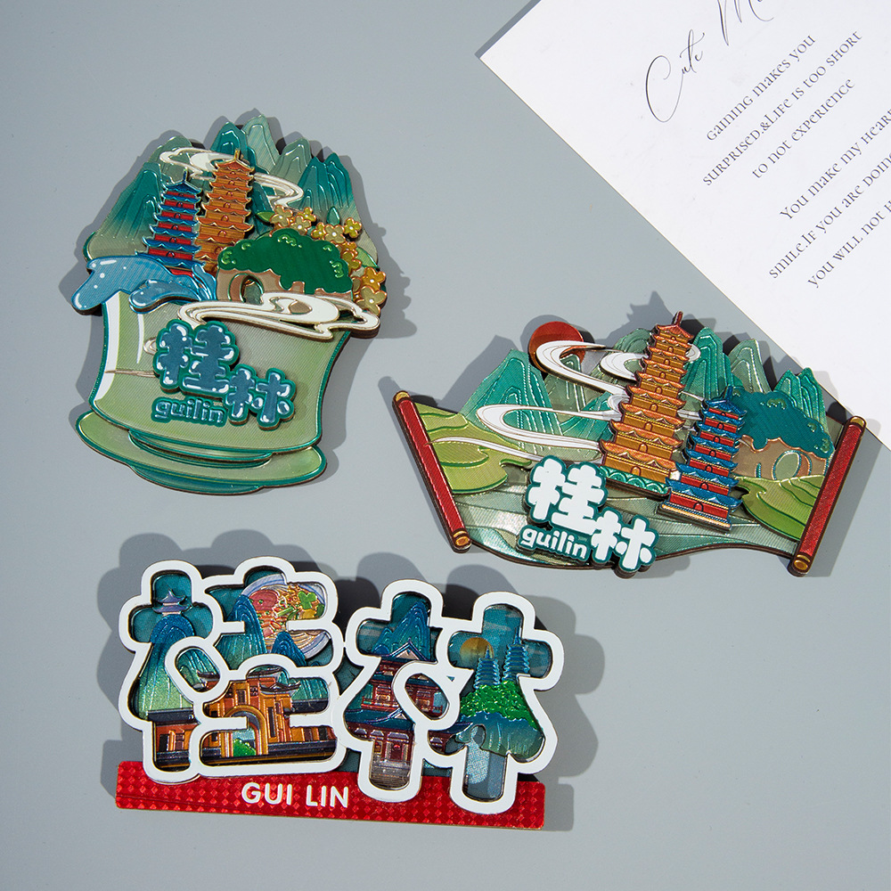 新款广西桂林城市冰箱贴创意地标旅游景点装饰文创木质旅游纪念品