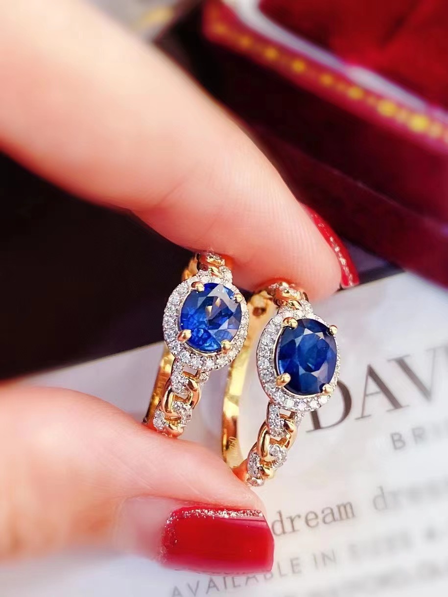 18k金天然蓝宝石戒指镶钻麻花复古时尚百搭个性优雅食指指环女