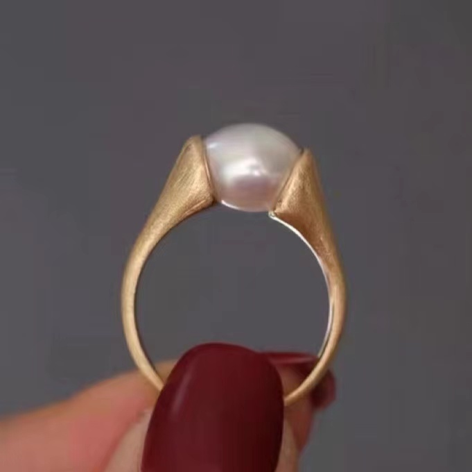 18k黄金珍珠戒指拉丝百搭复古时尚个性指环女戒小众设计送女友