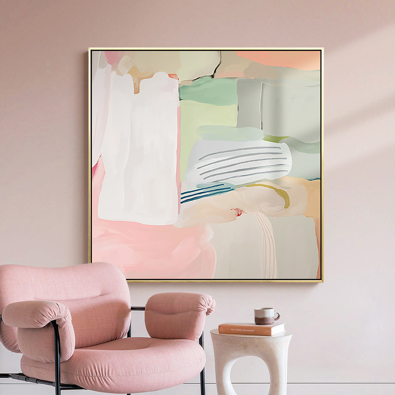 现代抽象装饰画粉红色北欧简约餐厅样板间挂画正方形卧室床头壁画