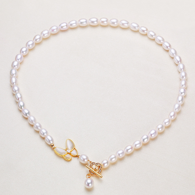 珍珠饰品几何立体微镶锆石OT扣蝴蝶贝壳淡水珍珠毛衣链项链女