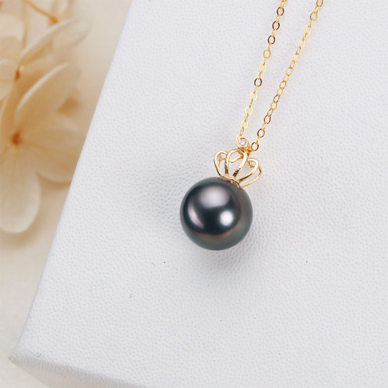 珍珠饰品大溪地黑珍珠18k金镶嵌9mm正圆微瑕珍珠吊坠项链