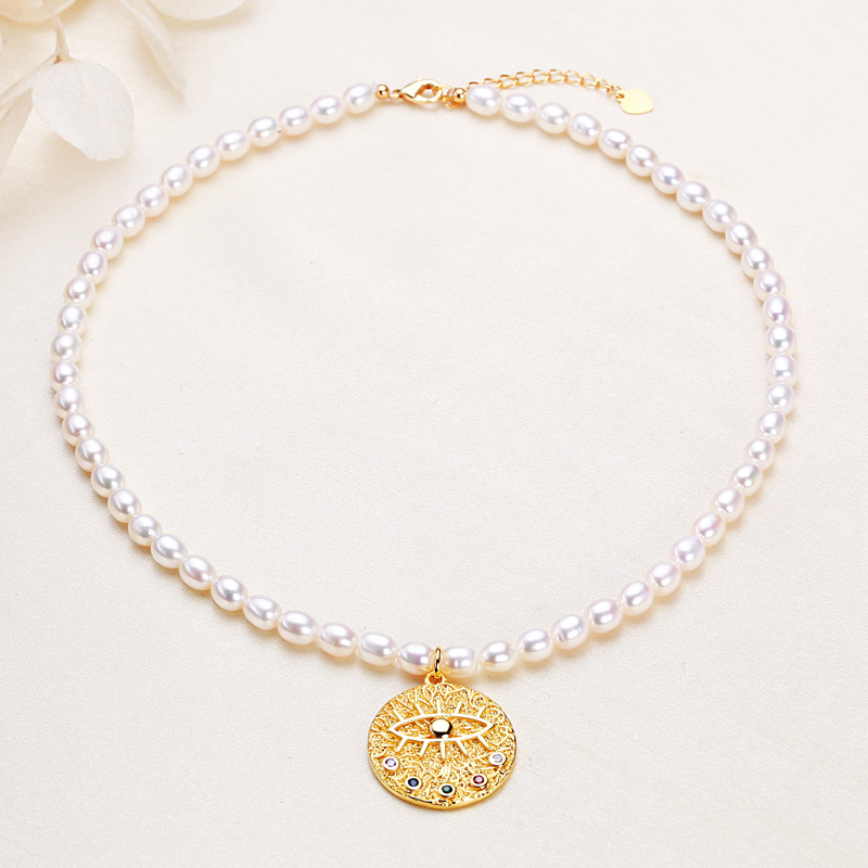 项链欧美ins风铜合金币恶魔之眼淡水珍珠锁骨链颈链珍珠项链