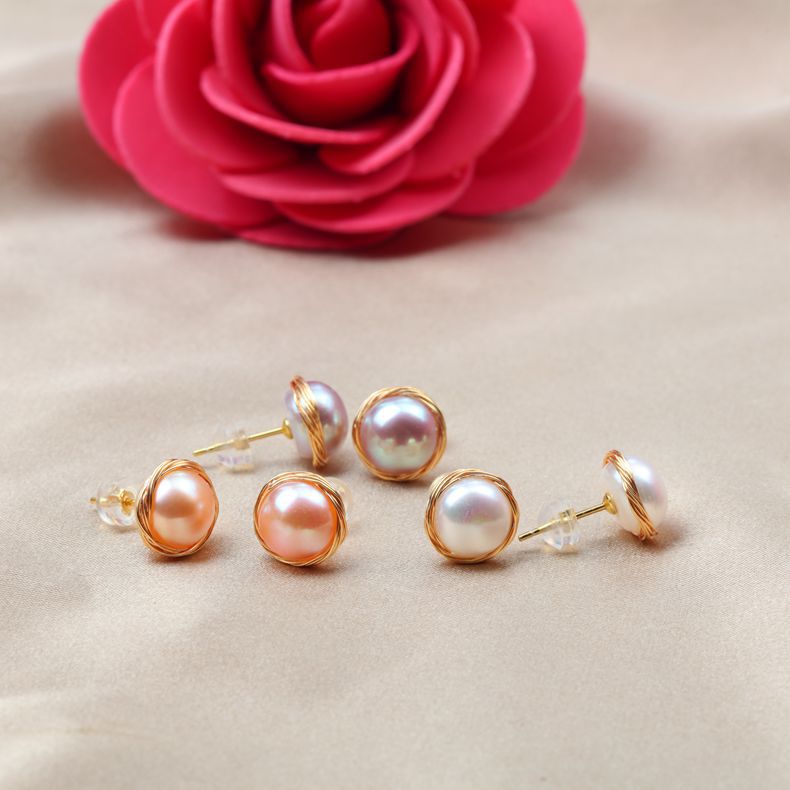 饰品小饰品首饰S925银针镀14k真金保色绕线淡水珍珠耳钉