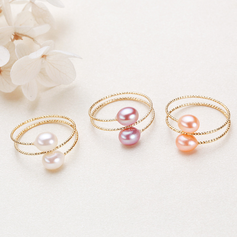 饰品铜镀金双层珍珠开口戒指女韩国复古个性简约淡水珍珠指环