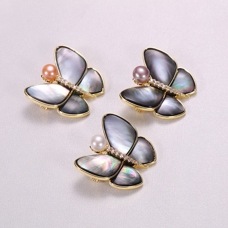 化茧成蝶胸花女天然黑贝壳蝴蝶胸针别针百搭配饰淡水珍珠胸针胸花