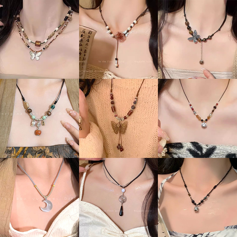 新中式复古民族风珍珠钛钢项链女百搭高级感蝴蝶锁骨链配饰品批发